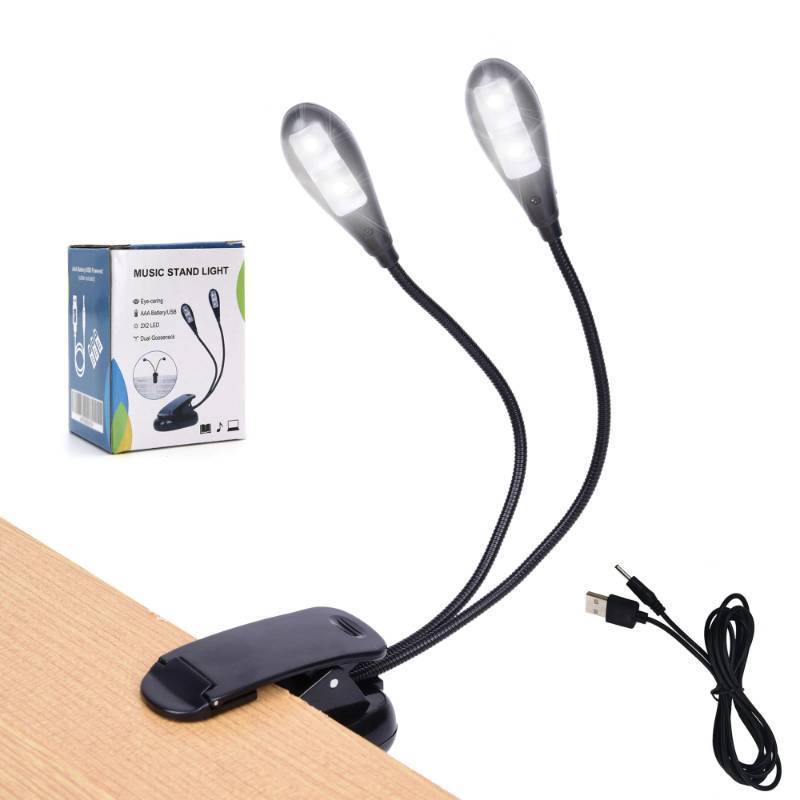 lot 2059 image: Music Stand Light, 12410 Pack Clip on LED Book Lights, USB and AAA Battery Operated, Reading Lamp in Bed, 4 Brightness Levels, Ideal for Musician, Piano Player, Kids, Travel (Dual Arm) Retail $14.99