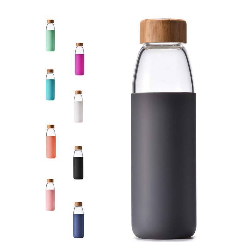 lot 2055 image: Glass Water Bottles 25oz Borosilicate wBamboo Lid BPA-FREE Non-Slip Silicone Sleeve SS Leak Proof Retail $19.78