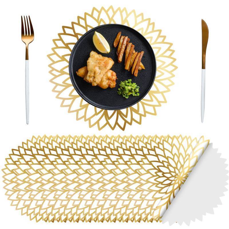 lot 2049 image: Sinmoe 100 Pack Gold Disposable Placemats for Party Round Paper Placemats 13 Inch Paper Leaf Dining Table Decoration Pressed Paper Placemats for Dining Table Wedding Home Decoration (Gold Bloom) Retail $19.34