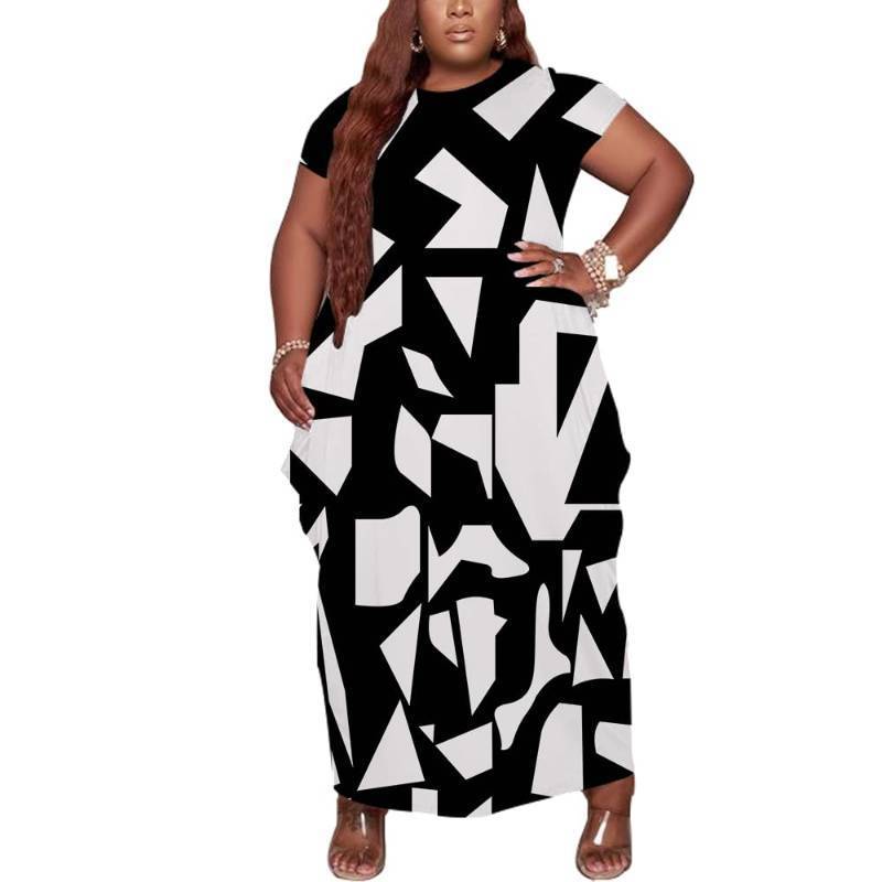 lot 2051 image: YeGine Womens Oversize Tshirt Dress Plus Size Short Sleeve Maxi Dress with Pockets Black and White Square 4XL Retail $25.48