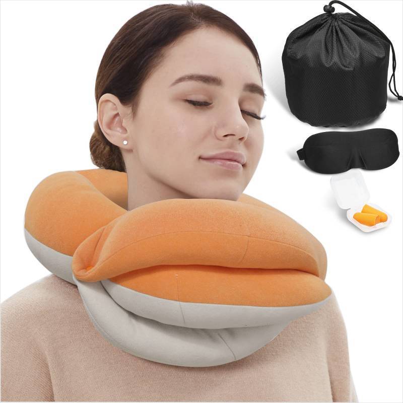 lot 2023 image: Travel Neck Pillows for Airplanes, 360° Head Support, Kit with 3D Contoured Eye Mask, Earplugs and Storage Bag Adult, Orange, 100 lbs Retail $29.38