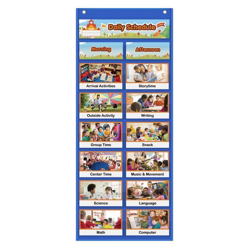 lot 2027 image: Daily Schedule Pocket Chart, Visual Schedule for Kids with 23 Activity Cards, 81 Pockets, 4 Blank Dry-Erase Cards Included, Great for Classroom Preschool-1 st Gr.(17x38.5) Retail $20.29