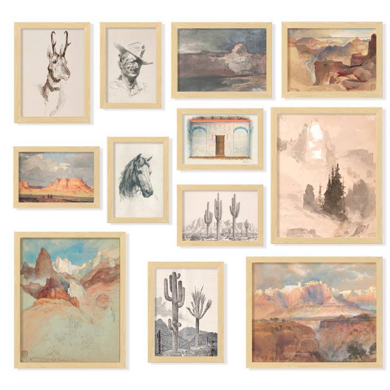 lot 2005 image: 97 Decor Southwest Wall Art - Vintage Western Prints for Home, Rustic Southwestern Posters, Boho Desert Ranch Decor for Bedroom (UNFRAMED) - Retail $14