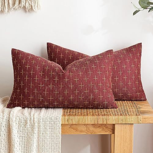 lot 2011 image: MIULEE Pack of 2 Burlap Linen Throw Pillow Covers Modern Farmhouse Pillowcase Rustic Woven Textured Cushion Cover for Sofa Couch Bed 12x20 Inch Wine Red Retail $18.54