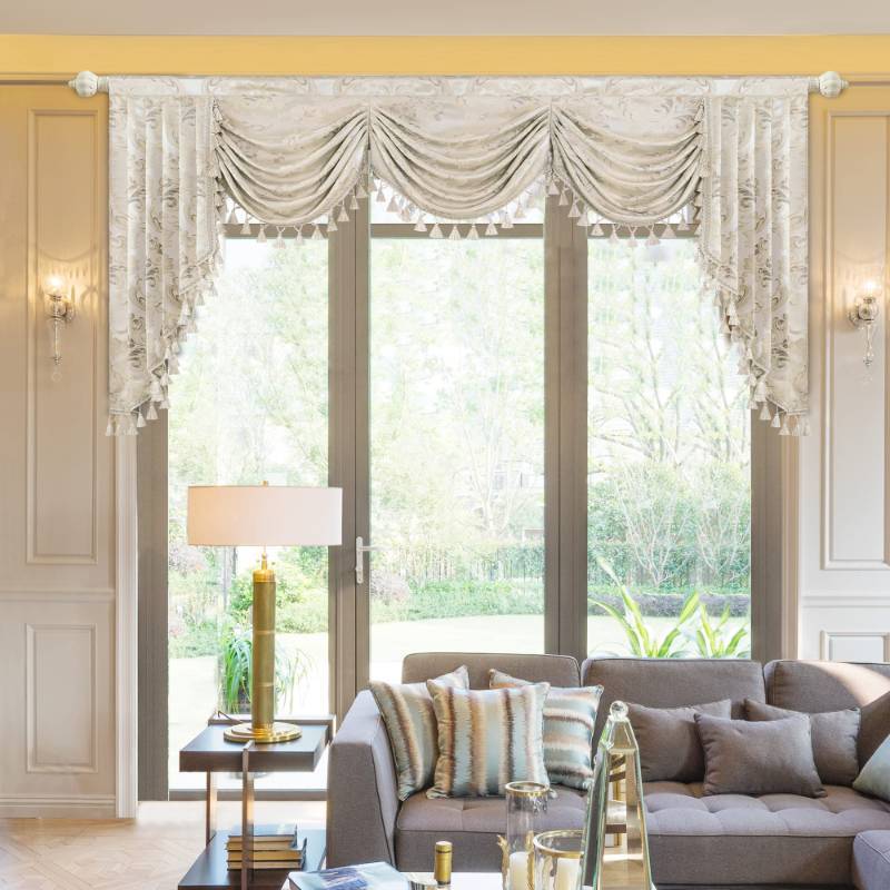 lot 2021 image: Loom and Mill Luxury Waterfall Valances for Windows, Elegant Jacquard Thick Swag Curtains Valance with Tassels for Living Room, Bedroom Party Banquet Decorations (Light Apricot, W79 Inch, 1 Panel) - Retail $76