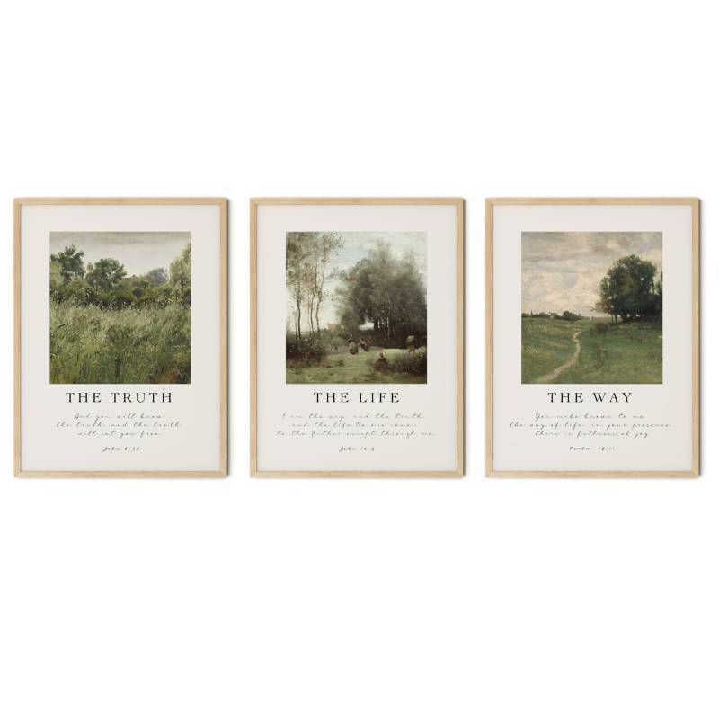 lot 2022 image: Christian Wall Art, Bible Verses Room Decor, Large Scripture Painting, Vintage Religious Poster, The Way The Truth The Life Artwork for Home. (12 x 16,Set of 3, UNFRAMED) - Retail $26
