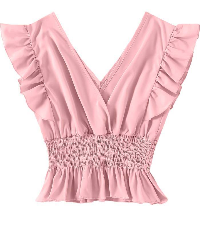 lot 2007 image: LYANER Womens Solid V Neck Ruffle Cap Sleeve Shirred Blouse Crop Tank Top Pink Medium - Retail $26