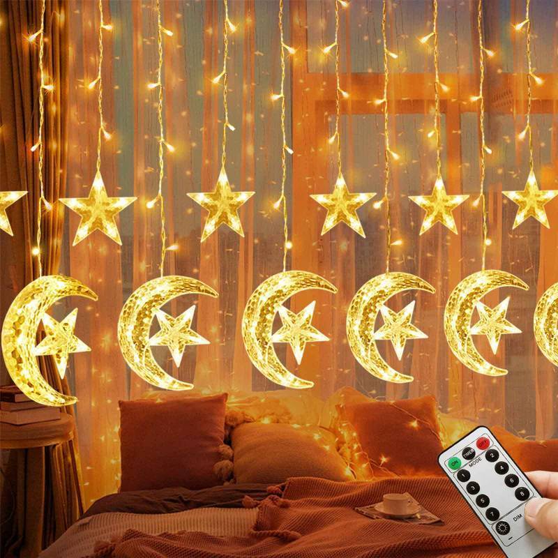 lot 2113 image: Homeleo Ramadan Decorations for Home,138 LED Upgraded Extra Large Star Moon Curtain Lights for Kids Bedroom Decor,USB Powered 8 Modes Remote LED Fairy Lights for Ramadan Window Wedding Christmas Decor&nbsp