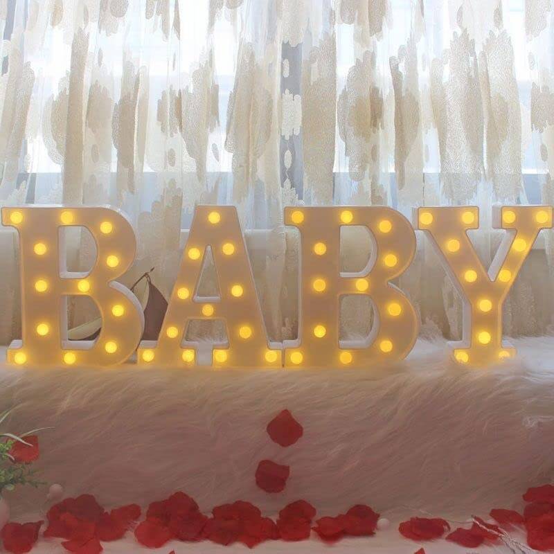 lot 2114 image: 4 LED Baby Marquee Logo Light, Warm White Glowing Letters Perfect for Baby Shower Party, Birthday Party, Home Bedroom Nursery Table Wall Decor -