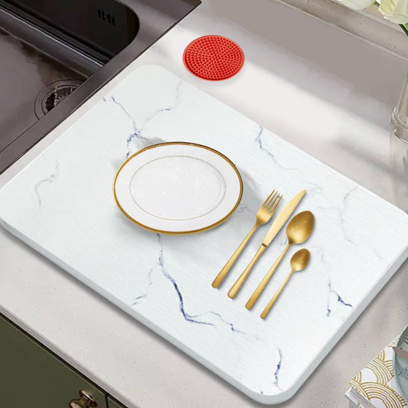 lot 2002 image: Stone Dish Drying Mat, Fast Drying Stone Mat for Kitchen Counter, Absorbent, Heat Resistant Diatomaceous Earth Dish Mat for Tableware with Silicone Cup Mat, Non-Slip Pad, 15.7x11.8 White Marble