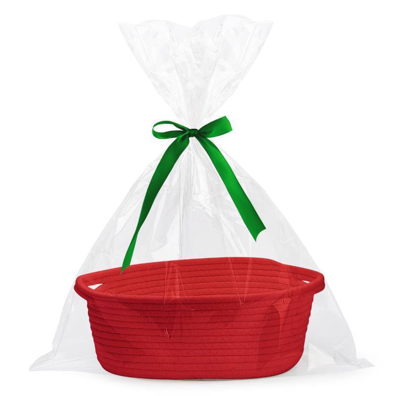lot 2120 image: Pro Goleem Small Woven Basket with Gift Bags and Ribbons Durable Baskets for Gifts Empty Small Rope Basket for Storage 12X 8 X 5 Baby Toy Basket with Handles, Red Retail $21.24