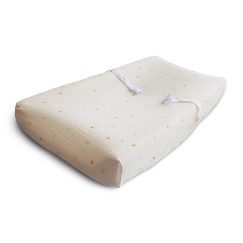 lot 2119 image: mushie Extra Soft Muslin Fitted Changing Pad Cover (Sun) - Retail $24