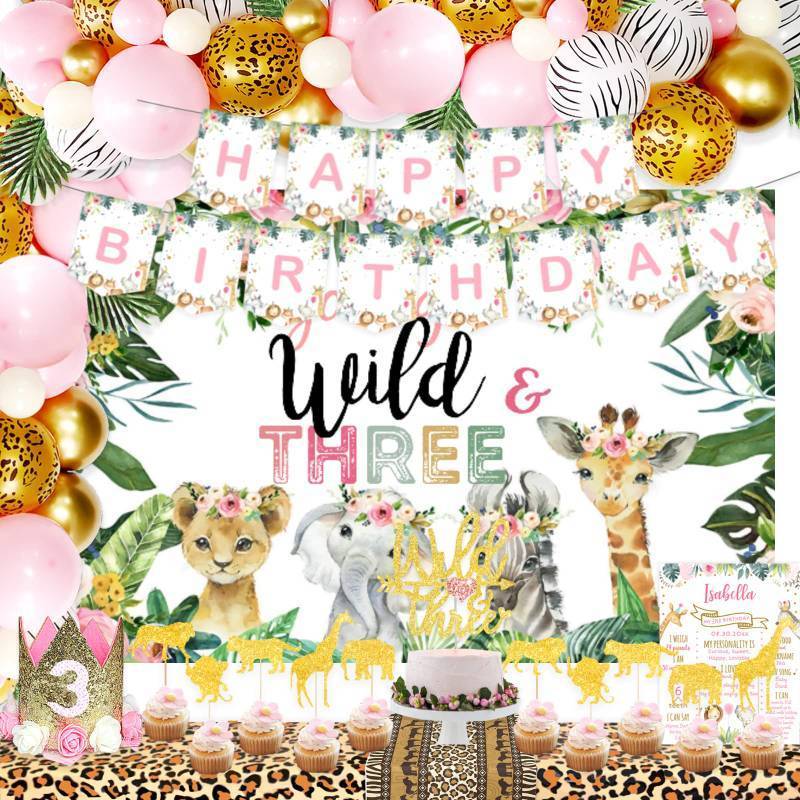 lot 2131 image: Young Wild and Three Decorations Girls, Party Inspo Safari Birthday 3rd Girl, Boho Floral Jungle Theme Third, Supplies Kit, Banner Backdrop Cake Toppers Balloon Arch Poster Crown, Pink - Retail $30