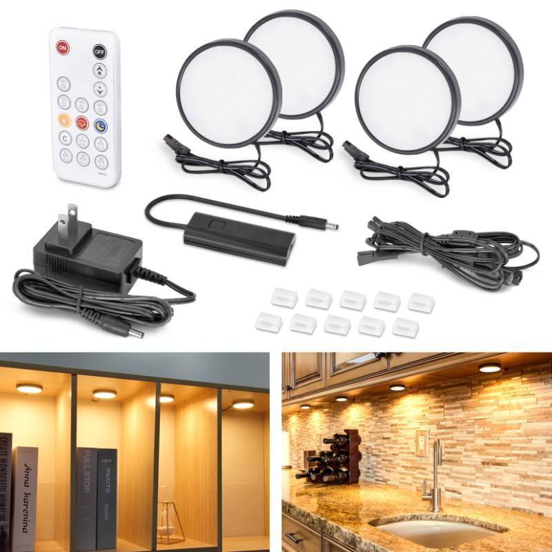lot 1084 image: WOBANE LED Under Cabinet Lights, Black Puck Lights, 9W 700Lumens, Remote Control, Dimmable Counter Lighting for Kitchen, Closet, Shelf, 2700K Warm White,Super Bright,Timing, Ultra Thin, Set of 4 Retail $23.99