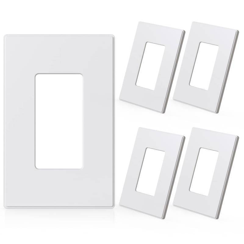lot 1085 image: ELEGRP 1-Gang Screwless Decorative Wall Plates, Mid-Size Unbreakable Thermoplastic Faceplate Cover for Decorator Receptacle Outlet Switch, UL Listed (5 Pack, Matte White) Retail $12.29