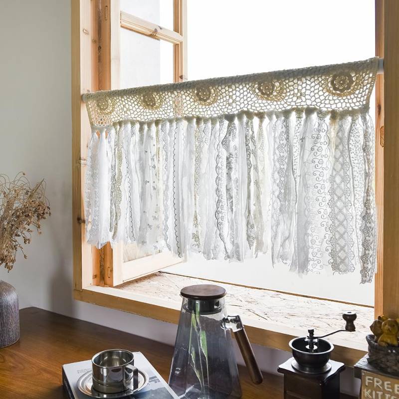 lot 1099 image: YJ YANJUN Boho Valances for Windows Handmade Cotton Crochet Lace Valance for Living Room Hollow Cafe Curtains 16 Inch Long Macrame Kitchen Curtain Wall Decor, 16 L x 40 W Ivory & Beige Retail $32.49