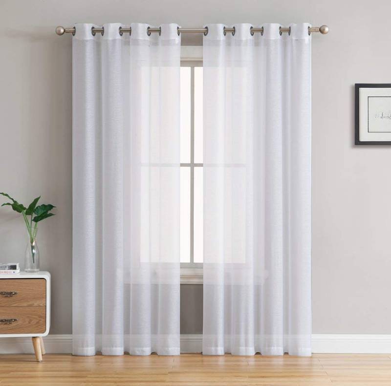 lot 1097 image: HLC.ME White Sheer Curtains 84 inches Long - 2 Panels Semi Sheer Voile Light Filtering Window Curtain Grommet Panels for Bedroom & Living Room (54 W x 84 L Inch Long, White) Retail $23.42