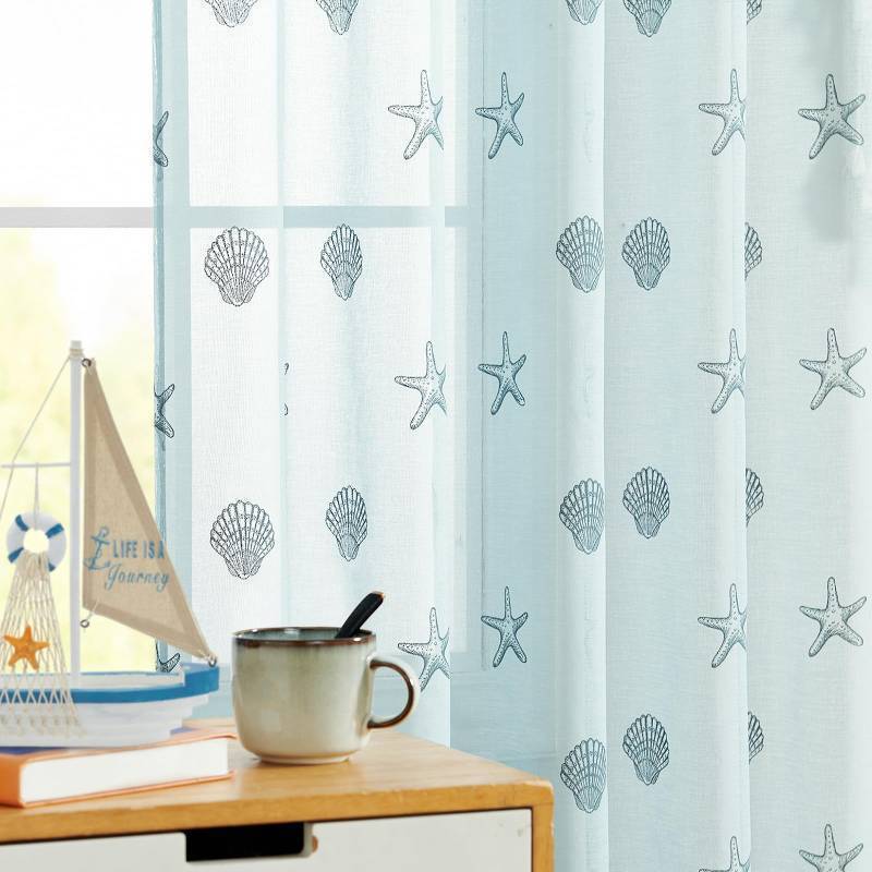 lot 1100 image: jinchan Blue Sheer Curtains 84 Inches Long Seashell Starfish Pattern Drapes for Bedroom Nautical Beach House Coastal Cabin Window Curtains for Nursery Rod Pocket Summer Curtains 2 Panels Set Retail $27.99