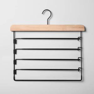lot 1011 image: Set of 2 - 5 Tier Pants Hanger Black with Natural Wood - Brightroom Non-Slip Clothes Organizer, Adult Use, 1 Year Warranty - Retail $16