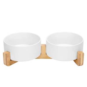 lot 1032 image: SPUNKYJUNKY Ceramic Dog and Cat Bowl with Wood Stand Non-Slip Matte Glaze Weighted Food Water Set for Cat Medium Dog 28.7 OZ - Retail $35