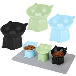 lot 1035 image: 5 Pcs Elevated Cat Bowls 15°Raised Cat Food Bowl with Silicone Mat Whisker Friendly Anti Vomiting Cats Dishes Pet Food and Water Bowls for Indoor Cats Kittens Classic Blue, Black, Green Colors - Retail $18