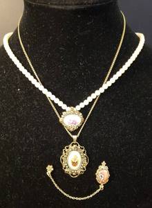 lot 5 image: Vingage Goldtone Jewelry - Rose Pendant of Filigree Backing with 18in Chain, Faux Pearl 19in Necklace wth Rose PendentGold Filigree Backinig, and Vintage 2 Part CollarLapel Pin with Chain - HandpaintedSigned Stone