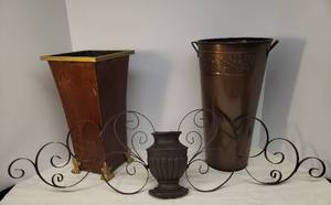 lot 7 image: Hosley Copper Tall Flower Bucket 15in T, Scroll Metal Wall VasePlanter 33in W x 9inT - Metal Back Comes Apart for Storage, and Large Footed Metal Arrangement Urn with Foam