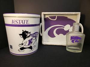 lot 11 image: Vintage Large Kansas State Wildcats Storage Tin 11in T x 10in W, Embellished Power Cat Burbon Bottle, and Custom Wood Power Cat Serving Tray with Authentic Iron Horseshoe Handles 13.5in X 12in