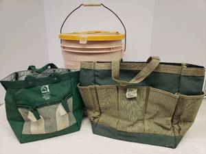 lot 12 image: 5 Gallon Bucket with Handle & Sitn Store Bucket-Top Oranizer, and 2 Canvas GardeningTool Bags