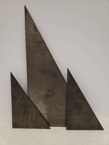lot 14 image: 3 Vintage Steel Drafing Triangles with Attached Brass knob Handles  - All Stamped with O.H. Initials -  Smallest is by The Fuchs & Lang Mfg. Co, 1 is Brooklyn Machinery Company, Largest has no Maker Mark and is 10in W x 17.75in L