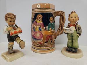 lot 16 image: Vintage Hummel Figurines with Original Paper Stickers Soloist #135 & Little Drummer Stamped 1955 #240 - Both Repaired, and Vintage Hand Painted Crockery Stein 5.5in T