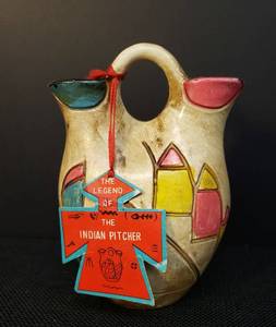 lot 18 image: Vintage 1960s-1970s Legend of the Indian Wedding Pitcher Hand Crafted Pottery Double Spouted PitcherVessel - 6 T with Original Paper Hang Tag