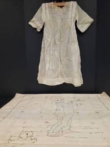 lot 24 image: Antique Hand Made Christening Gown & Hand Emboridered Cloth Panel of Child with Candle & Puppy - 32in W x 44in T