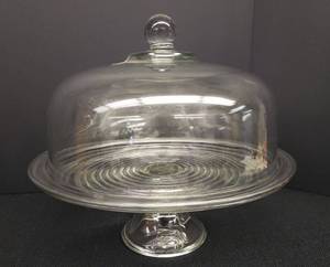 lot 32 image: Vintage Anchor Hocking Park Avenue Pattern - Large Pedestal Cake Stand with DomePunch Bowl - 12.75in W x 11.5in T