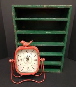 lot 36 image: Custom Wood ShelfOranizer - 13.25in W x 18in T x 8in D, and Vintage Red Metal Stand Clock with Iron Bird on Top - 9in W x 11in T