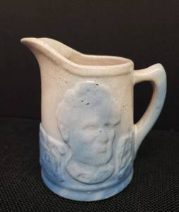 Antique Salt Glase Stoneware UHL Potery - Abraham Lincoln & Cabin Cream/Milk Pitcher - 4.25in W x 4.25in T