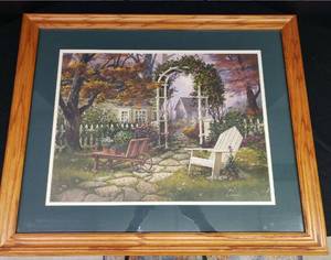 lot 44 image: Large Double Matted Artist Signed Print of Garden Gate Water Color - by Humphries - Solid Oak Frame - 34in W x 28in T