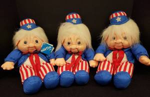 lot 46 image: 3 New Old Stock 1993 - Norfin Troll Uncle Sam Para Cutes Plush Dolls - Shelf Sitters - by International Silver Company - Still in Original Bags  - 17in T