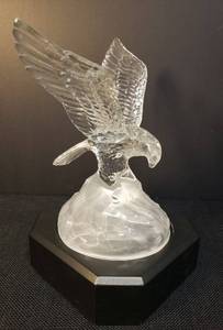 Vintage Crystal D'Arques Eagle with Fish - Frosted Base - On Black Wood Pedestal - 6in W x 6in D x 9.25in T on Pedestal, 7.5in T Alone