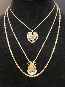 lot 51 image: Vintage Jewelry Rainbow Dichroic Glass Art Pendant Necklace wtih Gold-tone Backing and 20in Chain, Gold-Tone Double Wire Heart Pendant on 17in Chain, and 24in Gold-tone Double Link Chain Necklace