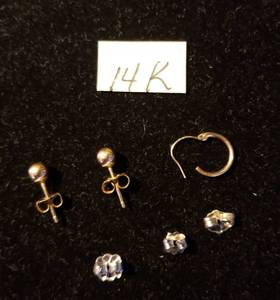 lot 55 image: 14K Stamped Jewelry Yellow Gold Ball Earring Set, Small Hoop Earring, and 3 White Gold Earring Backs