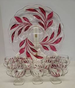 lot 57 image: Vintage Indiana Glass - Willow Oleander - Red Leaf Embossed Design - Circa 1930s-1960s - Large Heavy Glass Punch Bowl Under Plate 16.5in W, and 11 Matching Footed Punch Cups