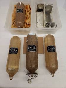 lot 62 image: RARE - 4 Antique 1930s-1940s FIREX Fire Extiguisher Wall Units - UNUSED, Still Intact -  Metal HolderBlown Glass Tubes with Pure Carbon Tetra Chloride - Original Stickers - Put in HomesBusinesses - Made by FIREX Corp. in St. Louis, MO