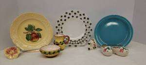 lot 63 image: Vintage Mini Pottery Wash Basin & Pitcher from Italy, Hand Painted Ceramic Miniatures, Vintage Westmoreland Glass MG-1 Milk Glass Lattice Edge Bon-Bon Tray & Ceramic Plates