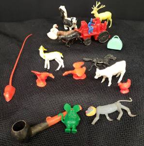 lot 67 image: Vintage 1950s-1960s Collection of ResinPlastic Miniature AnimalToy Figurines Ed Roth Green Rat Fink Charm, Horse, Cow, Deer, Swans, Monkey, Ducks, Chicken,Mouse, Train Case, Pipe, Skunk & Horse Drawn Fire Engine