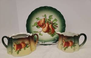 lot 69 image: Vintage 1935 Petrus Regout Maastricht Porcelain - Made in Holland, Bottom Stamped - Vintage Decorative Scalloped Pear Plate with Green Ombre Edge - 8.25in W, and Matching Cream & Sugar with Gold Embellishment