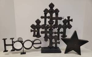 lot 71 image: Embossed Metal Multi Cross Candle Tree with Removable Glass Votive Cups - 13in W x 14.5in T, Black Cast Iron HOPE Wall Plaque 10.5in L, and Metal Star Tray 7.5in W