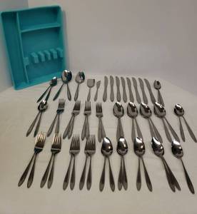lot 73 image: Vintage 1960s EPIC Flatware Utensil Set - With Serving Pieces - 54Pcs - with Vintage Turqouise Plastic Drawer Tray Organizer 9.75in W x 13.25in L