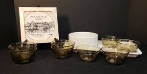 lot 75 image: Vintage PYREX Amber Glass Custard Cups #463 - Set of 8 - Scalloped Edge - 6oz Size, NIP Commemorative Bisonte Holel in Hutchinson Tile Trivit, and Heavy Porcelain Cordon Bleu BIA Serving Tray with Removeable Bowl 12.75in L x 6.75in W