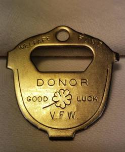 lot 82 image: Vintag VFW Welfare Fund Stamped Metal 4 in 1 PocketKey Chain Screwdriver & Bottle Opener - Good Luck Charm  - 1.58n x 1.58in